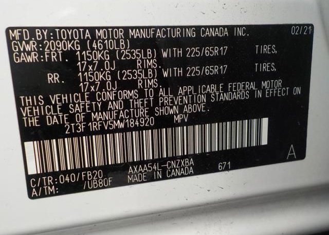 2021 TOYOTA RAV4(VIN: 2T3F1RFV5MW184920