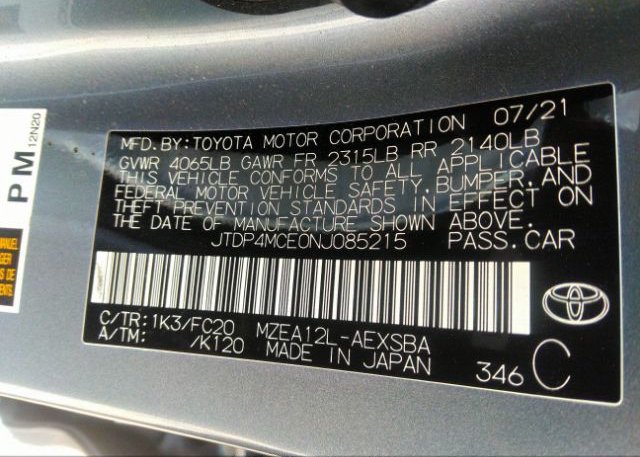 2022 TOYOTA COROLLA(VIN: JTDP4MCE0NJ085215