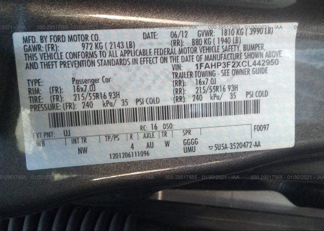 1FAHP3F2XCL442950 2012 FORD FOCUS