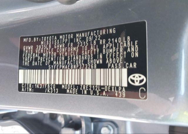 2022 TOYOTA COROLLA(VIN: 5YFEPMAE8NP373268