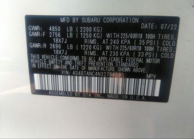 2022 SUBARU OUTBACK(VIN: 4S4BTANC4N3275459