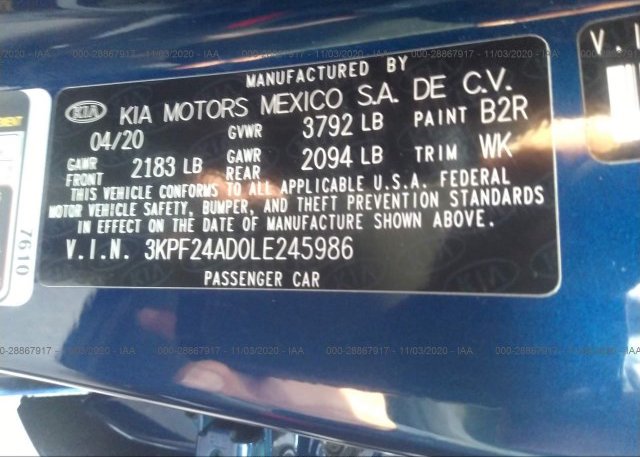 3KPF24AD0LE245986 2020 KIA FORTE
