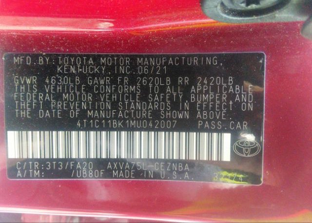 2021 TOYOTA CAMRY(VIN: 4T1C11BK1MU042007