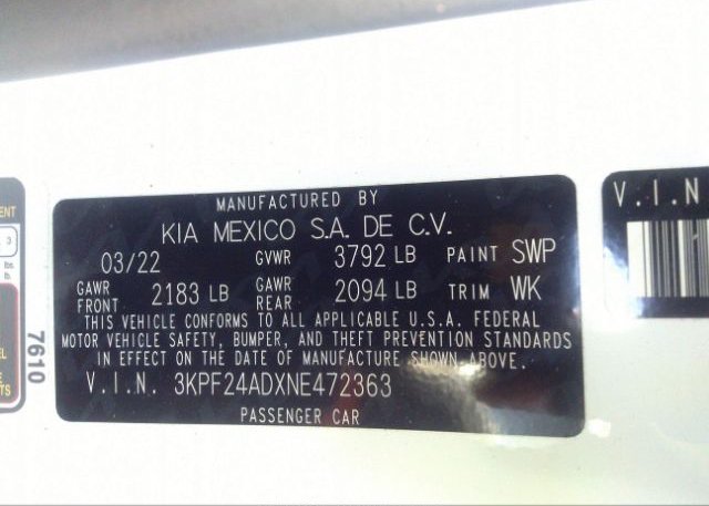 2022 KIA FORTE(VIN: 3KPF24ADXNE472363