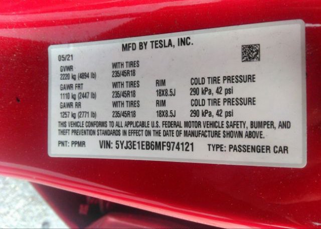 2021 TESLA MODEL 3(VIN: 5YJ3E1EB6MF974121