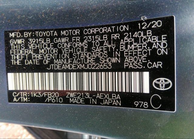 2021 TOYOTA COROLLA(VIN: JTDEAMDEXMJ022653
