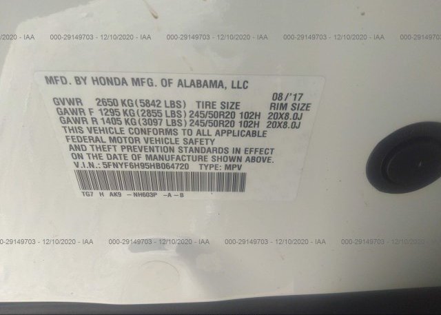 5FNYF6H95HB064720 2017 HONDA PILOT