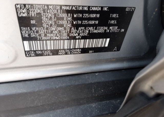 2021 TOYOTA RAV4(VIN: 2T3B6RFV8MW019864