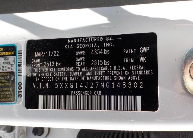 2022 KIA K5(VIN: 5XXG14J27NG148302
