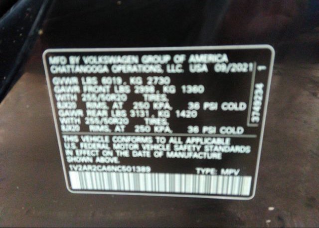 2022 VOLKSWAGEN ATLAS(VIN: 1V2AR2CA6NC501389