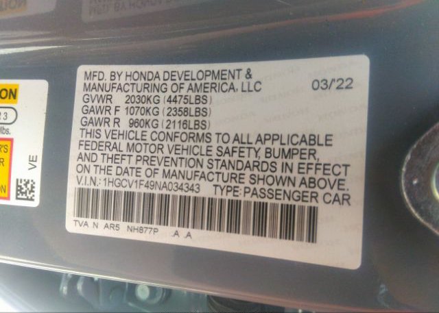 2022 HONDA ACCORD SEDAN(VIN: 1HGCV1F49NA034343
