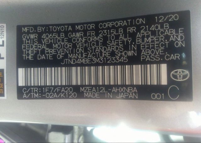 2021 TOYOTA COROLLA HATCHBACK(VIN: JTND4MBE3M3123345