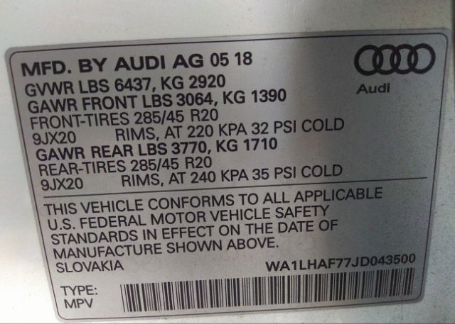 2018 AUDI Q7 VIN: WA1LHAF77JD043500