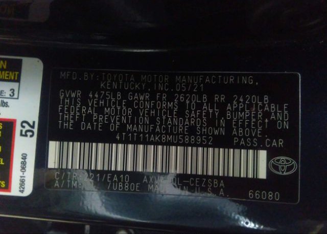 2021 TOYOTA CAMRY(VIN: 4T1T11AK8MU588952