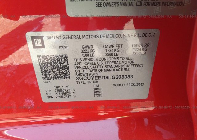 3GCUYEED8LG308083 2020 CHEVROLET SILVERADO 1500