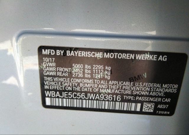 2018 BMW 5 SERIES VIN: WBAJE5C56JWA93616
