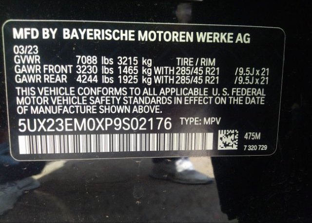 2023 BMW X7(VIN: 5UX23EM0XP9S02176