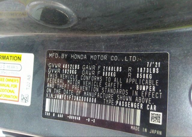 2022 HONDA CIVIC SEDAN(VIN: JHMFE1F73NX006006