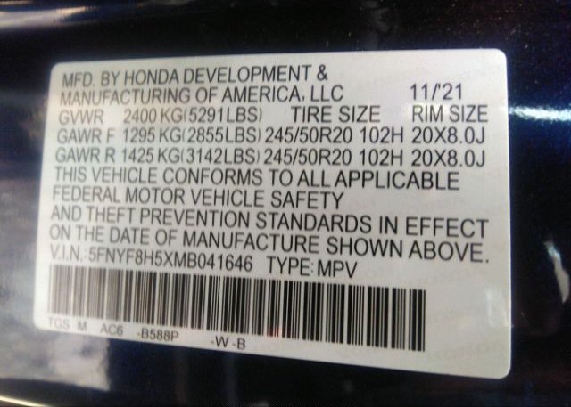 2021 HONDA PASSPORT(VIN: 5FNYF8H5XMB041646