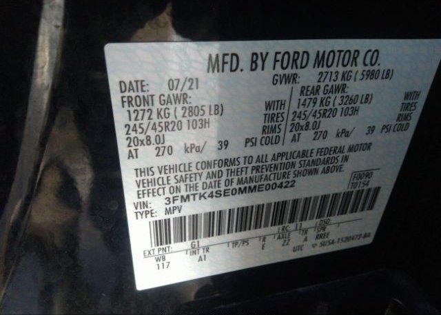 2021 FORD MUSTANG MACH-E(VIN: 3FMTK4SE0MME00422