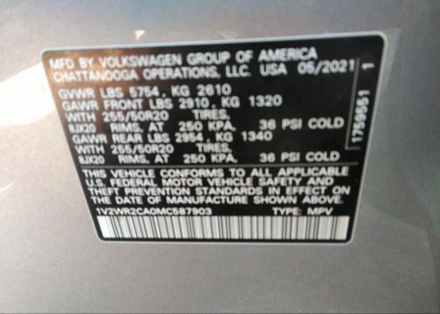 2021 VOLKSWAGEN ATLAS(VIN: 1V2WR2CA0MC587903