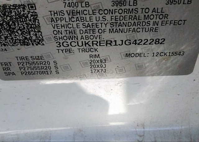 2018 CHEVROLET SILVERADO 1500 VIN: 3GCUKRER1JG422282