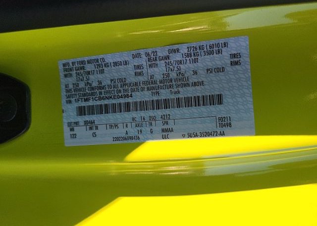 2022 FORD F150(VIN: 1FTMF1CB6NKE04984