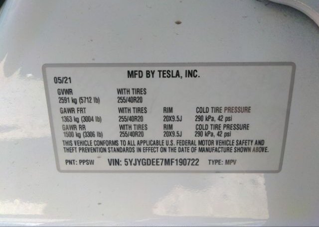 2021 TESLA MODEL Y(VIN: 5YJYGDEE7MF190722