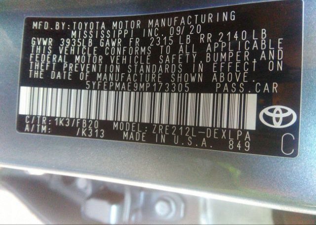 2021 TOYOTA COROLLA(VIN: 5YFEPMAE9MP173305