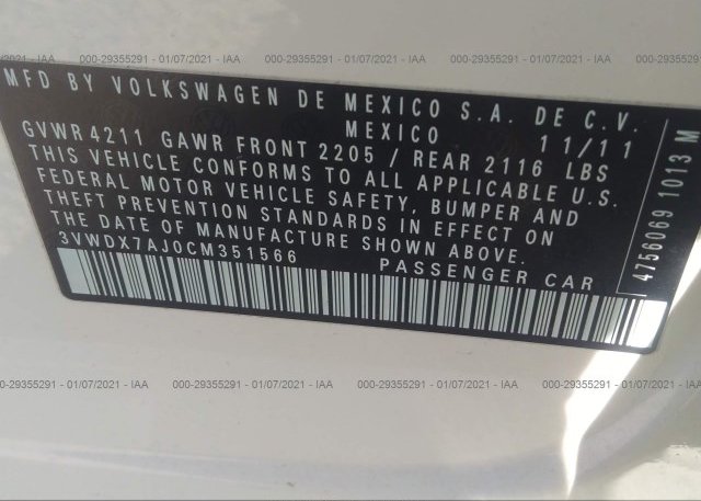 3VWDX7AJ0CM351566 2012 VOLKSWAGEN JETTA SEDAN