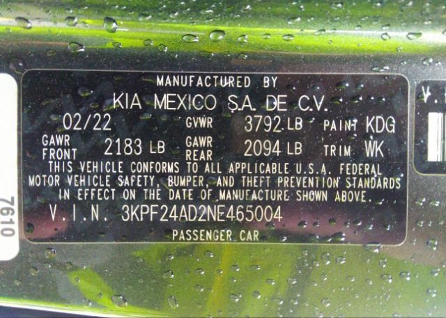 2022 KIA FORTE(VIN: 3KPF24AD2NE465004
