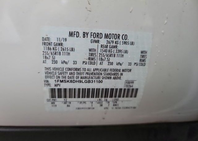 1FMSK8DH9LGB31100 2020 FORD EXPLORER