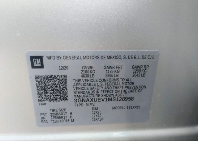2021 CHEVROLET EQUINOX(VIN: 3GNAXUEV1MS128958
