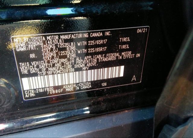 2021 TOYOTA RAV4(VIN: 2T3F1RFV0MC209188