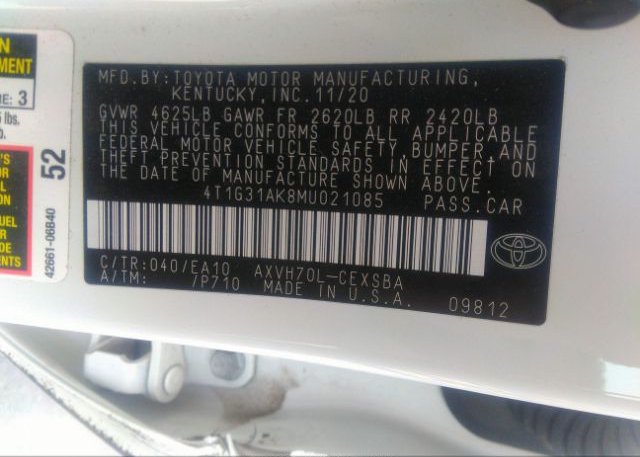 2021 TOYOTA CAMRY(VIN: 4T1G31AK8MU021085
