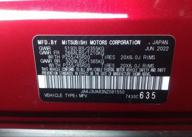 2022 MITSUBISHI OUTLANDER(VIN: JA4J3UA83NZ081550