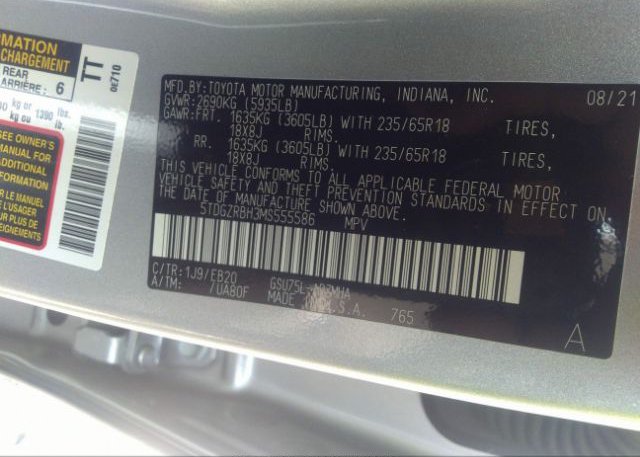 2021 TOYOTA HIGHLANDER(VIN: 5TDGZRBH3MS555586