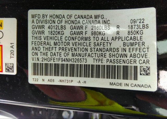 2022 HONDA CIVIC SEDAN(VIN: 2HGFE1F94NH326573