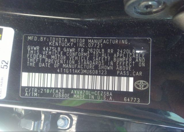2021 TOYOTA CAMRY(VIN: 4T1G11AK3MU608123