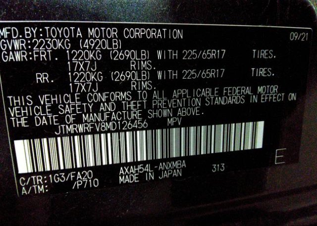 2021 TOYOTA RAV4(VIN: JTMRWRFV8MD126456