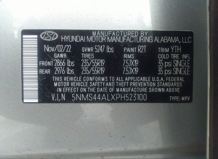 2023 HYUNDAI SANTA FE(VIN: 5NMS44ALXPH523100