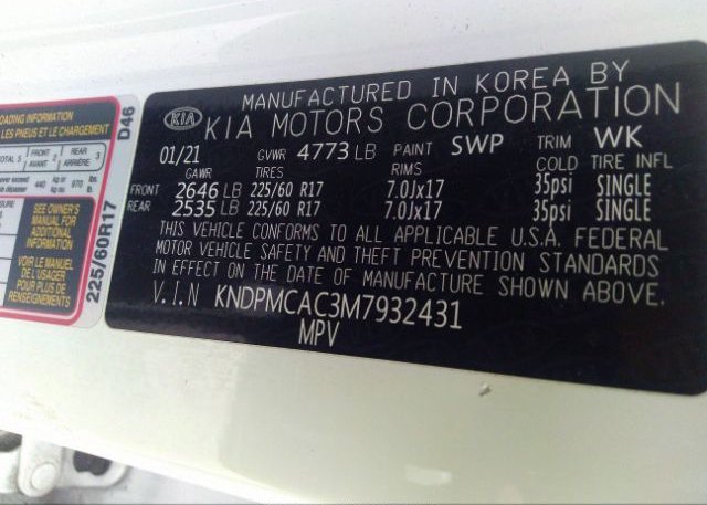 2021 KIA SPORTAGE(VIN: KNDPMCAC3M7932431