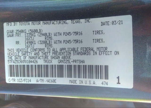 2021 TOYOTA TACOMA 2WD(VIN: 5TFAZ5CNXMX104426