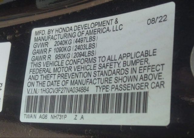2022 HONDA ACCORD HYBRID(VIN: 1HGCV3F27NA034884
