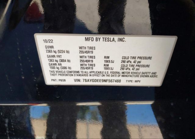2022 TESLA MODEL Y(VIN: 7SAYGDEE9NF567488