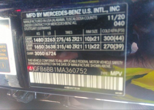 2021 MERCEDES-BENZ GLE(VIN: 4JGFB6BB1MA360752