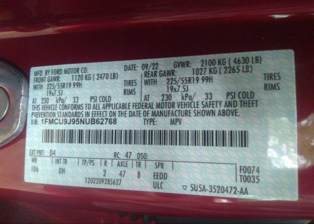 2022 FORD ESCAPE(VIN: 1FMCU9J95NUB62768