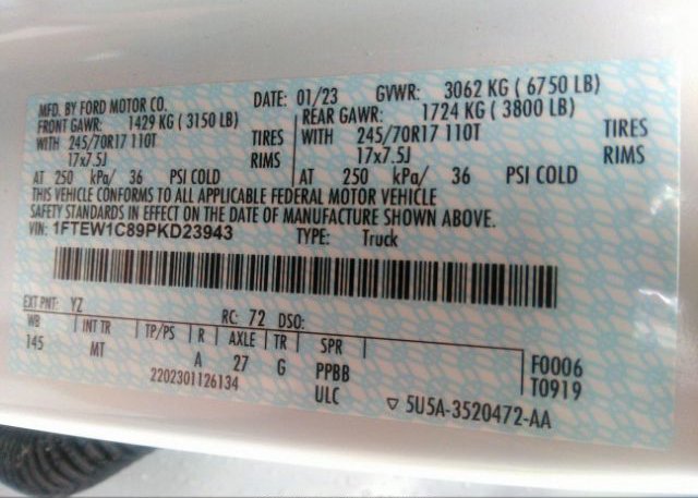 2023 FORD F-150(VIN: 1FTEW1C89PKD23943
