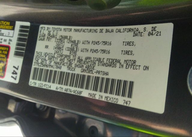 2021 TOYOTA TACOMA 4WD(VIN: 3TMCZ5AN6MM417040