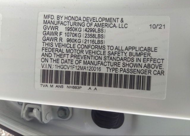 2021 HONDA ACCORD SEDAN(VIN: 1HGCV1F12MA120016